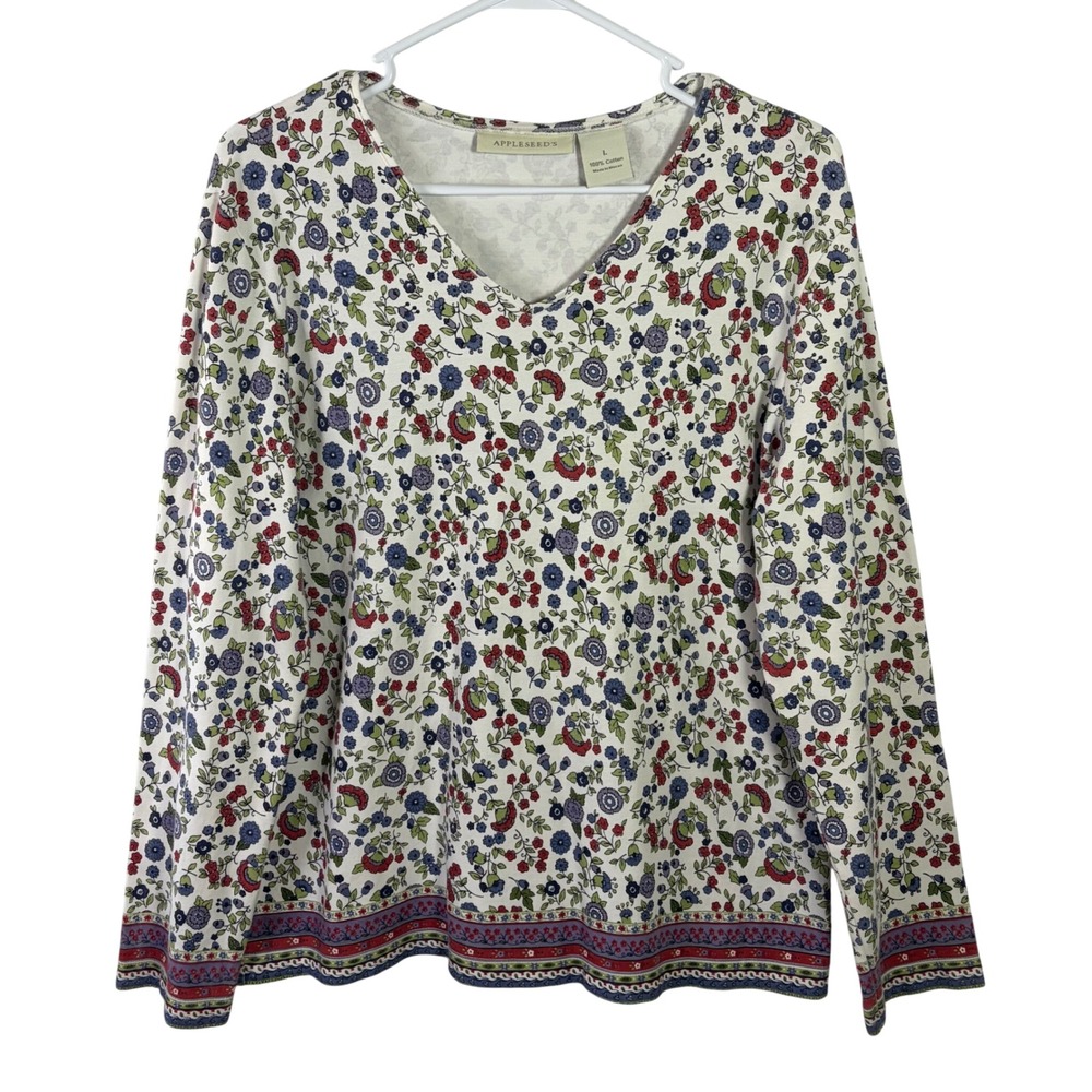 Appleseeds Womens Large Floral V-Neck Long Sleeve Cotton Top White Red Blue